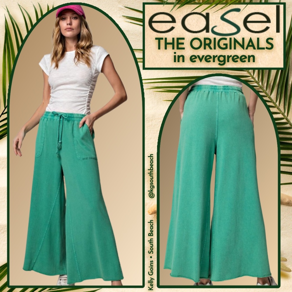 EASEL "The Originals" Mineral Washed Wide Leg Drawstring Pants Pockets Raw Hems